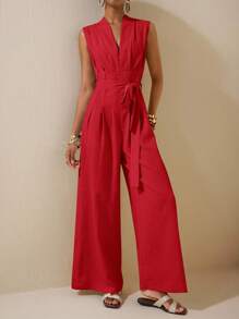 Zivah 2025春夏新款杏色无袖不对称褶饰腰带纹理连体裤-B - 紅色 - 查看 7