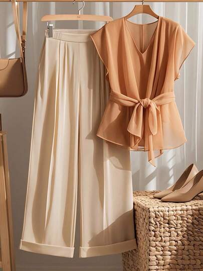 SHEIN PETITE 女士夏季度假橙色休闲宽松长裤和短袖时尚两件套