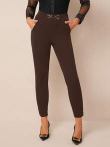 Amorya Women's High Waist Metallic Buckle Detail Skinny Pants Stretchy Pants,Fall