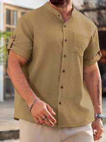 Manfinity Homme Plus Size Men's Casual Solid Color Short Sleeve Loose Fit Shirt, Summer - Beige - View 4