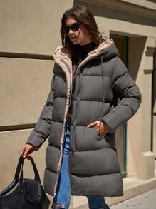 RueChic Two-Tone Hooded Pocket Zip Front Mid-Length Padded Coat - Grey - View 3