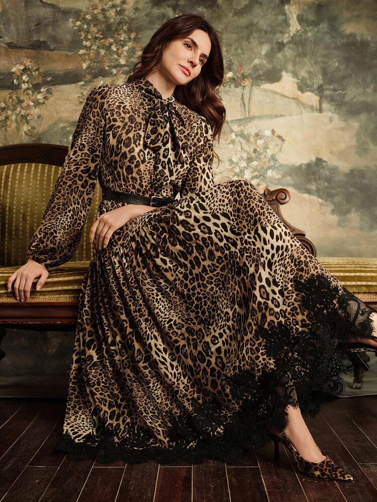 Elegant Women's Long Sleeve Dress With Leopard Print Chiffon And Contrast Lace, Autumn/Winter