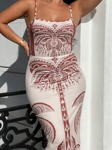 NegzBox Elegant And Sexy Commuting Casual Holiday Long Dress, Floral Boho Style Women Slip Dress, Slimming Fit Hip-Hugging - Apricot - View 3
