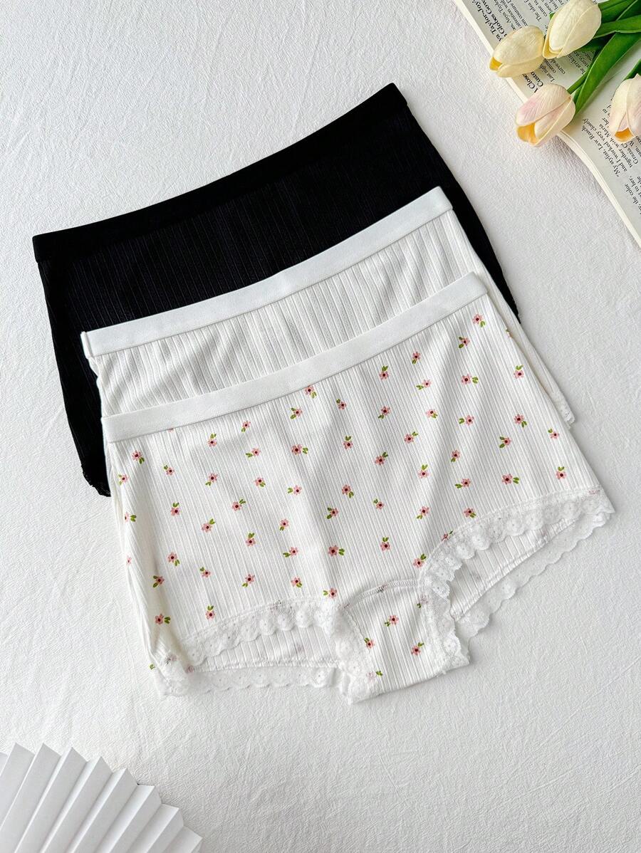 SHEIN 3件装女士休闲蕾丝拼布内裤