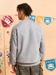 Paul Frank X SHEIN 男式字母与卡通图案圆领长袖套头衫 - 淺灰色 - 查看 2