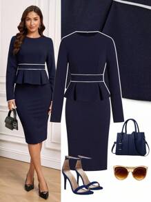 Ellevyn Women's Waist Cinched Round Neck Long Sleeve Top And Pencil Skirt Set, Suitable For Office Commute, Teacher Outfit,Business Casual Woman Teacher Outfits For Women,Lounge Sets For Women Teacher Outfits,Teacher Outfits For Women  Going Out Outfits