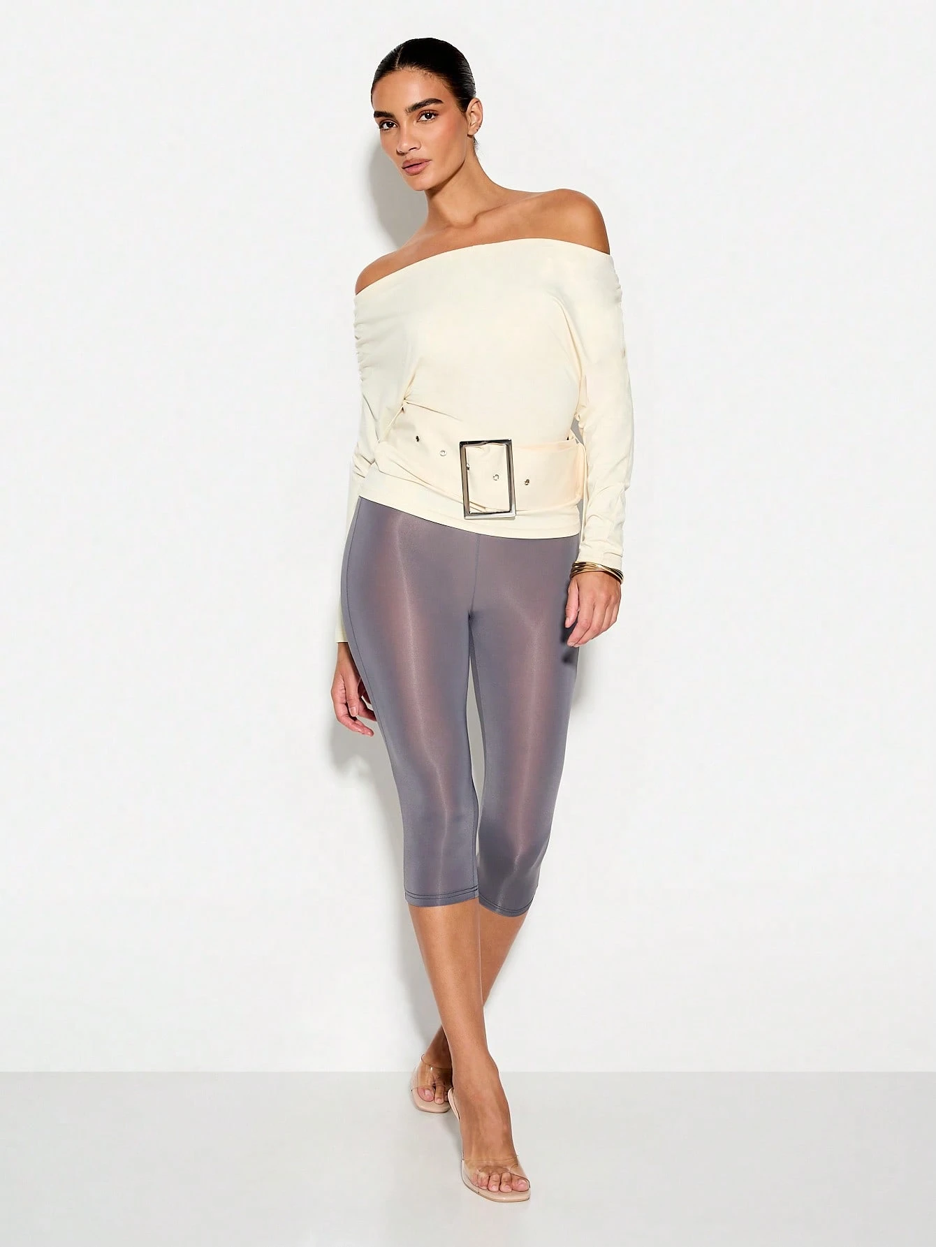 KIZN Off Shoulder Ruched Blouse With Wide Belt