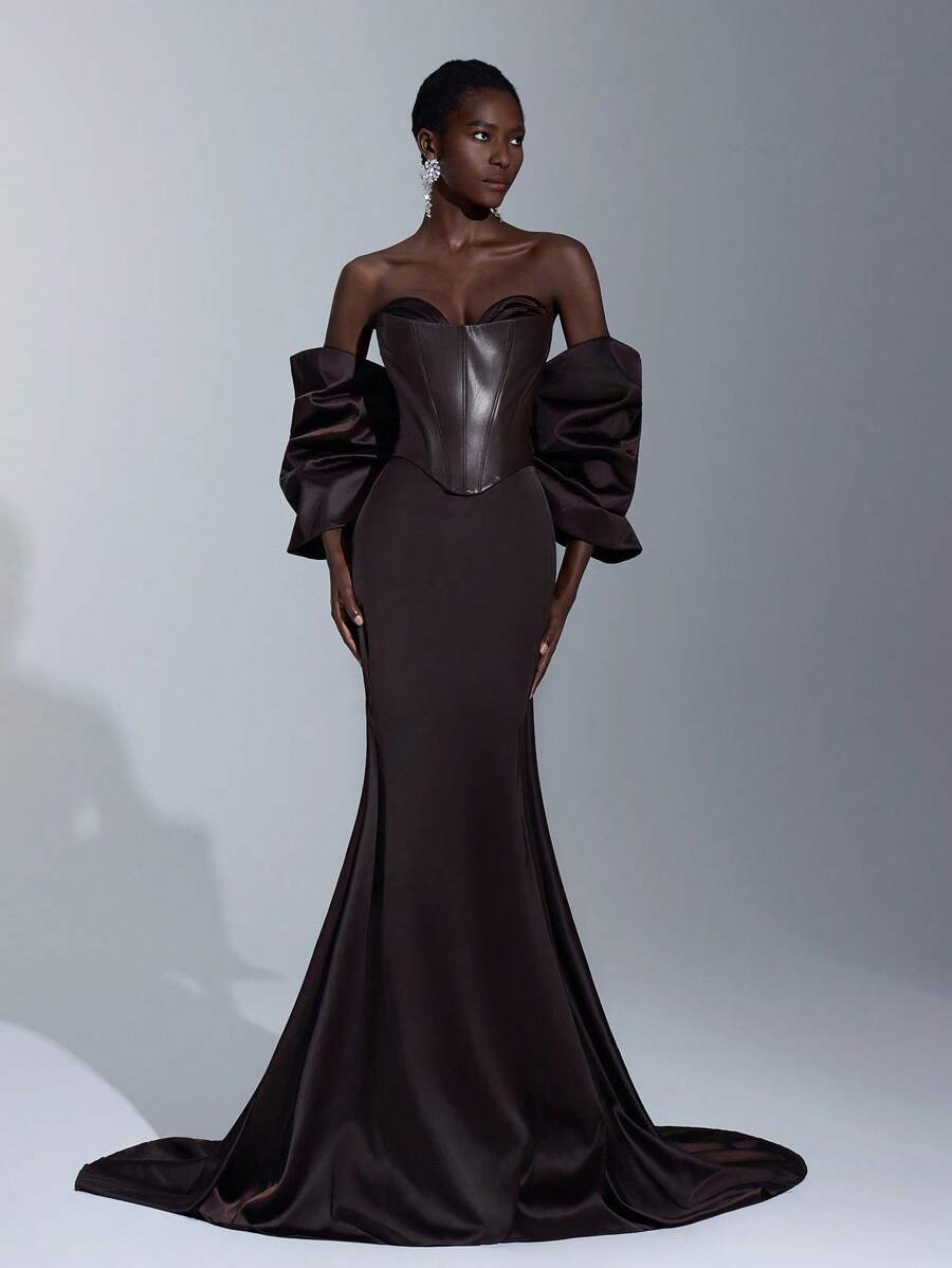 Elitara 优雅、浪漫、性感、极简、咖啡棕色、皮革材质、缎面拼布、鱼骨装饰、可拆卸超大袖子、鱼尾下摆、拖尾、露背、时尚、网红、节日、度假、生日派对、婚礼活动、正式晚礼服、棕色女士连衣裙、万圣节