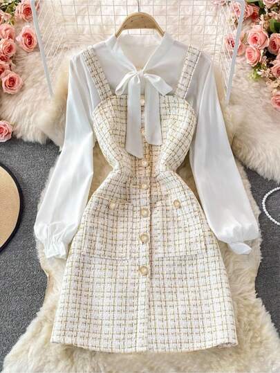 GlowEve Vestido de manga larga elegante y de moda con cuello de corbata y botones para mujer