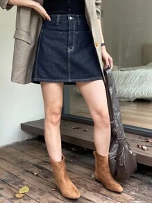 DAZY 女式镂空设计牛仔直筒裙，休闲都市风格牛仔裙牛仔裙 - 深色水洗藍 - 查看 6