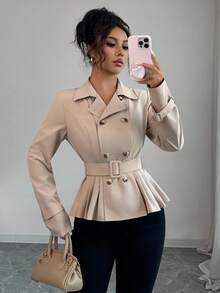 Elenzga 卡其色褶皱束腰双排扣优雅公主线长袖风衣 - 卡其色 - 查看 1