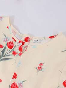 少女优雅花卉印花泡泡袖连衣裙，夏季 - 紅色 - 查看 8