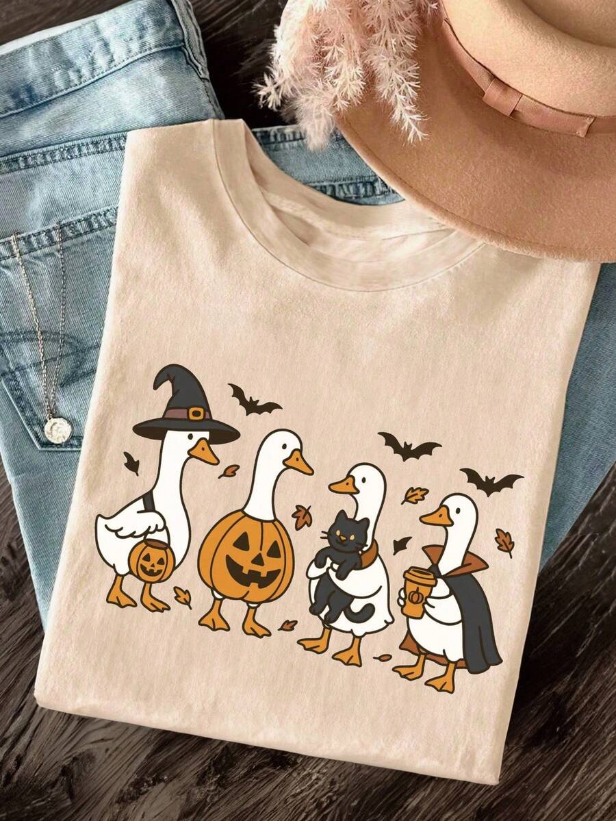 INAWLY Camiseta de manga corta con estampado de dibujos animados de Halloween para mujer - Albaricoque - Ver 1