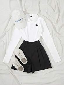 SHEIN Unity Áo thun tay dài cổ polo in họa tiết hiệp sĩ đơn giản, đa năng dành cho nữ - trắng - Xem 1