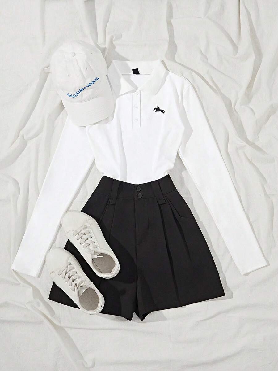 SHEIN Unity Áo thun tay dài cổ polo in họa tiết hiệp sĩ đơn giản, đa năng dành cho nữ - trắng - Xem 1