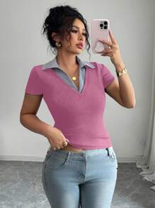 Elenzga Áo thun nữ tay ngắn cổ bẻ màu tương phản thanh lịch cỡ lớn, thiết kế thời trang đa năng, thời trang thường ngày, mẫu mới xuân/hè 2025 - Nhiều màu - Xem 1