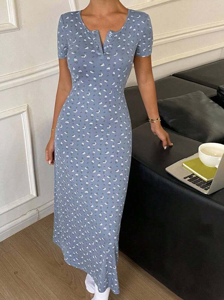 DAZY Ditsy Floral Cinched Waist Long Women's Nightgown Pajama - Blue - View 6