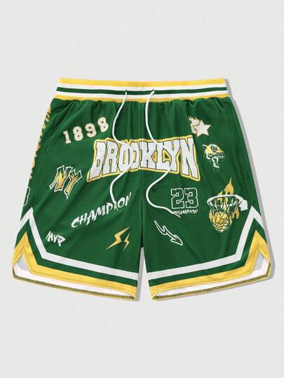 Prep Pantalones cortos de hombre de verano informales con bloques de color, rayas y estampado de letras