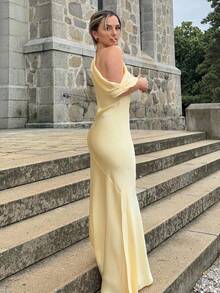 Jeta Ari 女士性感简约纯色黄色缎面不对称单肩镂空露背系带长裙，适合派对、酒会、正式场合、伴娘服、生日迷你裙 - 淡黃色 - 查看 4