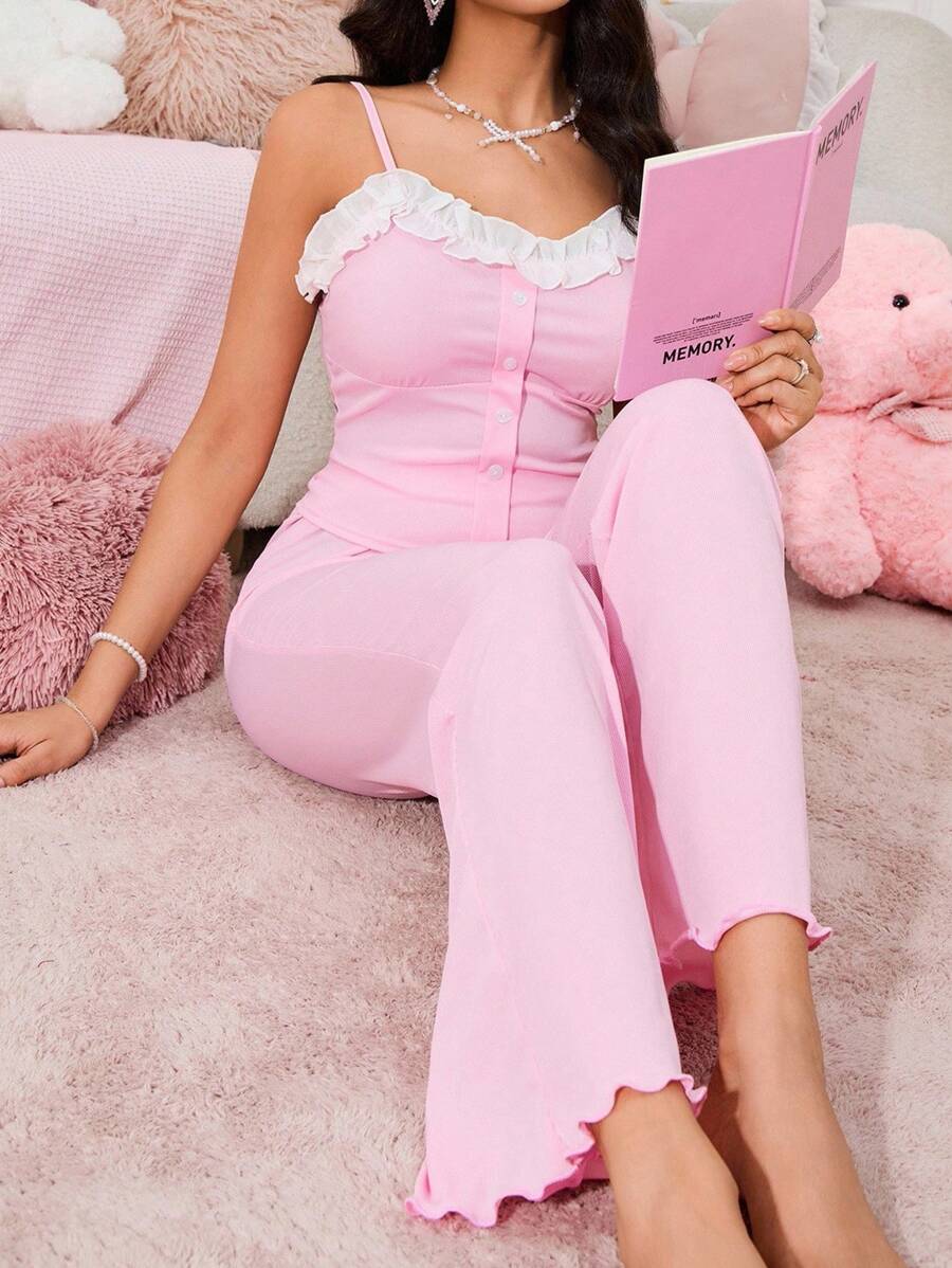 INS风格甜美细肩带女士家居睡衣套装 - 粉色 - 查看 1