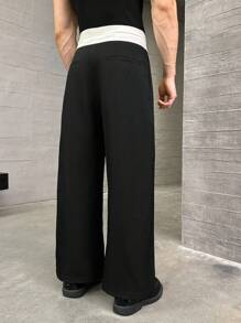 SWAVVY Men's Fashion Loose Woven Mid-Waist Trousers, Fall - Black and White - View 3