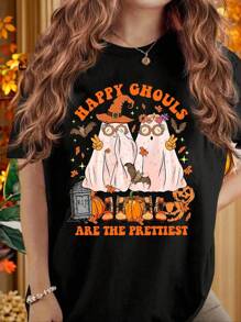 SHEIN LUNE 万圣节鬼魂印花休闲大码T恤