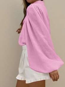 SHEIN VCAY Women's Solid Color Batwing Lantern Sleeve Loose Casual Shirt, Spring Summer Fall Cloth For Women - Baby Pink - View 2