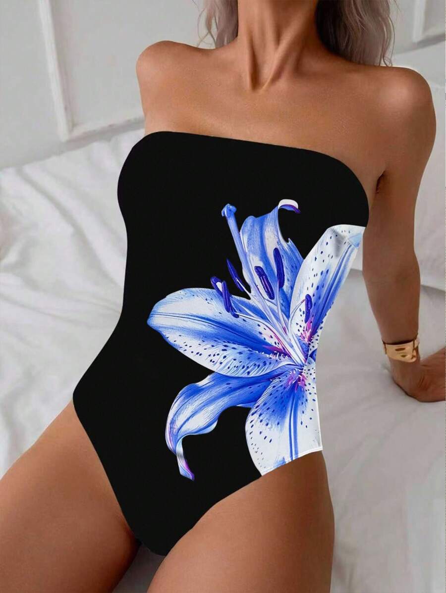 Women Elegant Sexy One Piece Swimsuit Solid Bandeau Bikini Swimsuit For Summer Beach Vacation - Black - View 1
