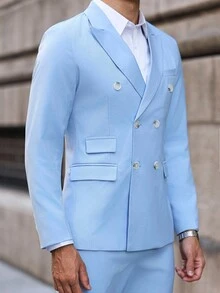Manfinity Bizformal Men's Solid Color Lapel Neck Long Sleeve Double-Breasted Blazer And Pants Casual Suit Set Light Blue Outfit , Formal, Ceremony - Baby Blue - View 4