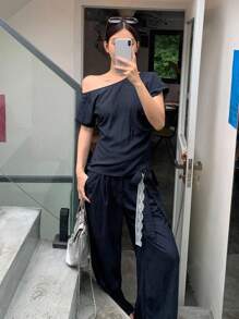 DAZY 女式不对称领口短袖衬衫和休闲荷叶边系腰裤套装 - 藍色 - 查看 3