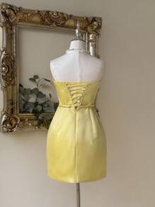 SHEIN Belle Elegant, Romantic, Cute, Sexy, Young, Yellow, Glitter Fabric, Corset Silhouette, Strapless Big Bow, Herringbone Shape, Waisted And Small A-Line, Suitable For Birthday Parties, Graduation Ceremonies, Opening Ceremonies, Music Festivals, Wedding Guests, Ball Gowns, Cocktail Dresses, Party Dress - Yellow - View 2