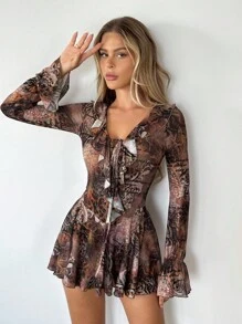 SHEIN ICON 复古网眼印花深V领长袖迷你连衣裙