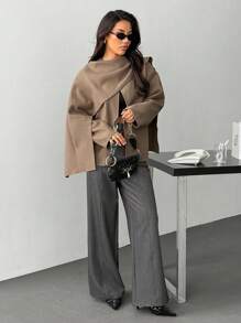 SHEIN PETITE Women's Solid Color Scarf Design Loose Casual Wool Blend Jacket Brown Jacket In Fall/Winter - Khaki - View 7