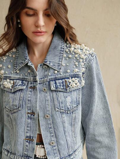 Anewsta 女式秋季铆钉长袖都市时尚牛仔夹克