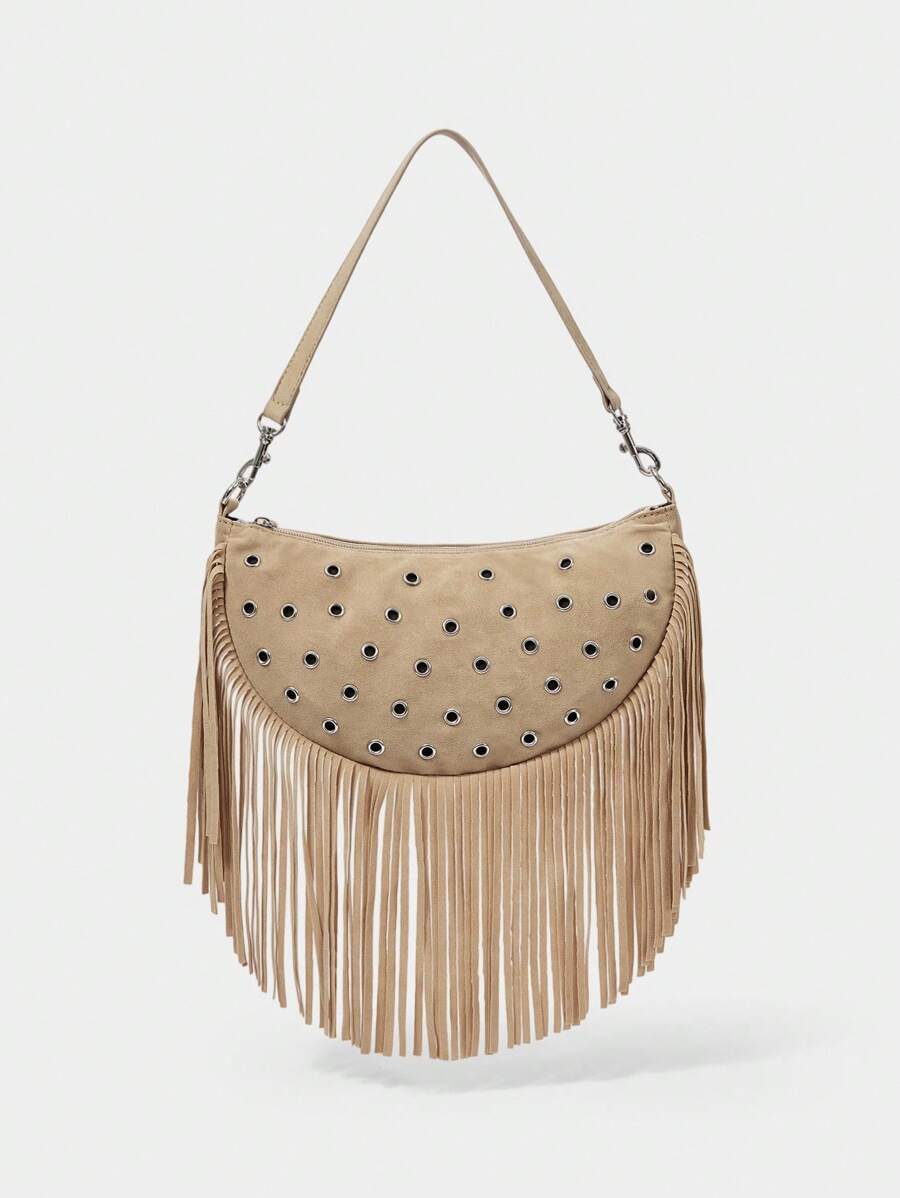 SHECARRY Túi đeo vai nữ, Túi Hobo, Đinh tán, Thời trang, Đơn giản, Cá nhân hóa, Đa năng, Tua rua phong cách Bohemian, Trang trí đinh tán theo phong cách phương Tây - Màu Khaki - Xem 1