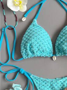 Swim Vcay Summer Beach Solid Textured Halter Triangle Bikini Set