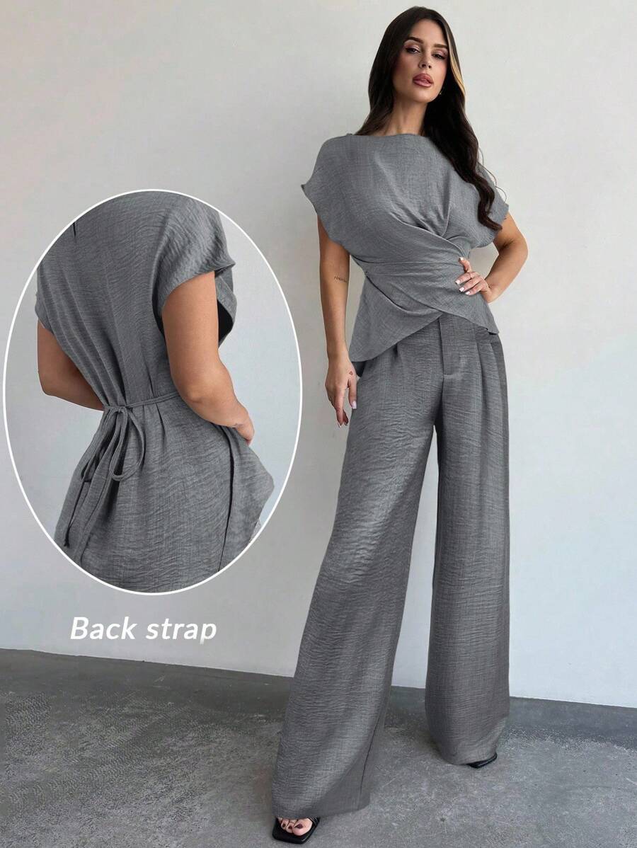 Firerie 女士优雅通勤裹胸系腰上衣和阔腿裤套装