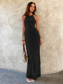 Aloruh Váy Maxi Halter Ôm Dáng Xếp Ly Màu Trơn Cho Nữ - màu đen - Xem 4