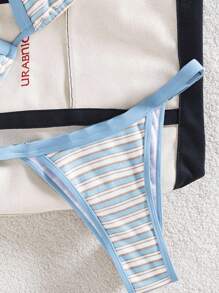 Swim Mod Bộ 2 áo bikini tam giác siêu nhỏ bằng vải jacquard kẻ sọc và quần bikini tam giác cắt cao có thể điều chỉnh dành cho nữ - Nhiều màu - Xem 5