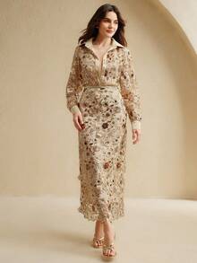 Anewsta 优雅香槟色花卉网眼亮片长袖衬衫，适合正式活动、约会、度假