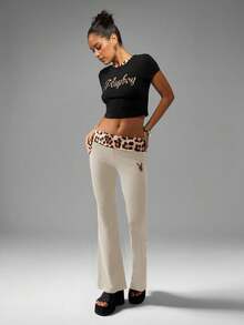 Missguided x Playboy Retro High Waisted Yoga Bell Bottom Flare Leggings With Animal Print Band Logo Fitness Comfort - Grey - View 5