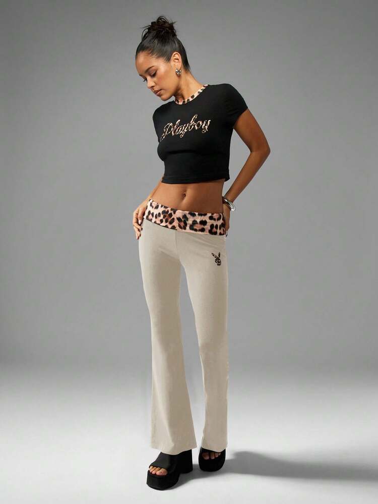 Missguided x Playboy Retro High Waisted Yoga Bell Bottom Flare Leggings With Animal Print Band Logo Fitness Comfort