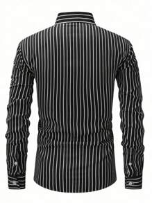 Calvornis 黑色条纹长袖衬衫，带口袋和领子，适合华丽派对穿着条纹长袖衬衫男士条纹衬衫黑白条纹衬衫男士黑白衬衫，秋季 - 黑色 - 查看 2