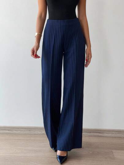 EURMUSE Wide-Leg Design Pinstripe Trousers, Business Professional Style, Classic Tailoring, High-Waist Cut, Straight Leg Silhouette, Traditional Suit Pants, Office Wear Collection, Quality Wool-Blend Appearance, Professional Attire, Full Length Design, Clean Lines, Perfect For Business Or Formal Occasions, Modern Professional Fashion
