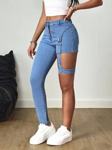 SHEIN Tall Asymmetric Length Tie-Up High Waist Skinny Jeans - Medium Wash - View 5