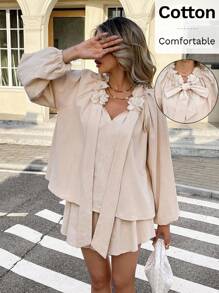 SHEIN Frenchy 2pcs/Set Women 3D Floral Decor Lantern Sleeve Shirt And Shorts Set Winter Casual - Apricot - View 6