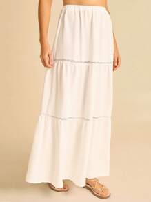 CAJUNI Falda acampanada de encaje y parches para mujer, estilo vintage casual para ir al trabajo - Blanco - Ver 5