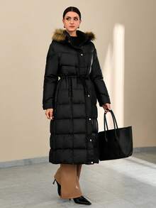 Cappotto imbottito lungo nero con vita regolabile con coulisse e bordo in pelliccia sintetica sulla cappuccio - Essenziale invernale per uno stile di strada confortevole. - nero - Visualizzare 5
