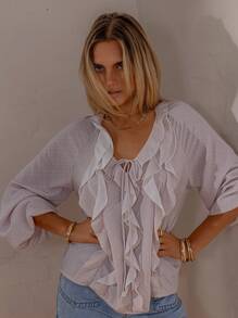 2026 Blusa de manga larga con volantes y estampado de cuadros, para salir de noche, blusas de otoño para mujer, ropa de otoño - Multicolor - Ver 3