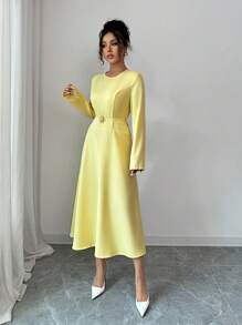 Elenzga Đầm suông chữ A cổ tròn tay dài màu trơn thanh lịch dành cho nữ - Vàng nhạt - Xem 5